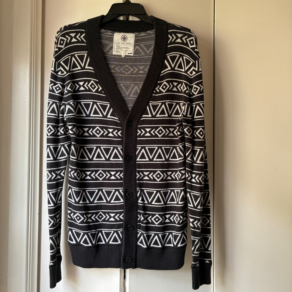 Vtg On The Byas Geometric Cardigan Women Size S Black White Oversized Artsy Twee